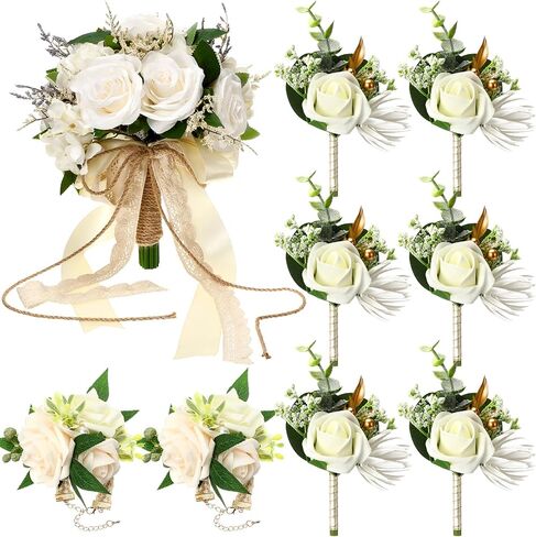 9 Pack Wedding Bride Bouquet Wrist Corsage Groom Boutonniere Set Include 1 Pc Bride Bouquet 6 Pcs Groom Men Boutonniere 2 Pcs Wrist Corsage for Artificial Rose Prom Flowers Party Decoration in Saudi Arabia