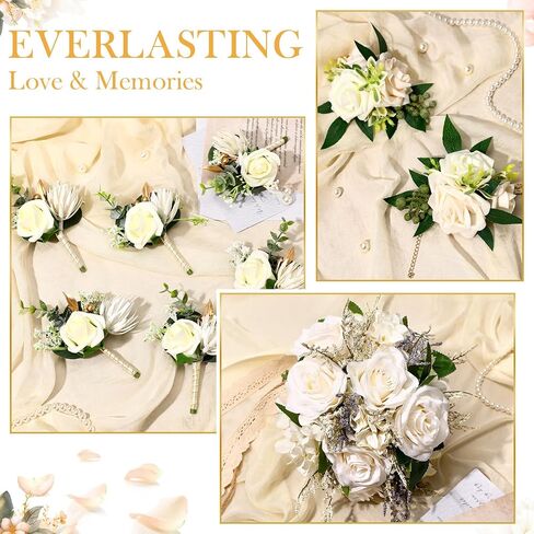 9 Pack Wedding Bride Bouquet Wrist Corsage Groom Boutonniere Set Include 1 Pc Bride Bouquet 6 Pcs Groom Men Boutonniere 2 Pcs Wrist Corsage for Artificial Rose Prom Flowers Party Decoration in Saudi Arabia