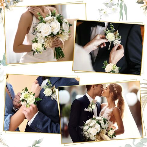 9 Pack Wedding Bride Bouquet Wrist Corsage Groom Boutonniere Set Include 1 Pc Bride Bouquet 6 Pcs Groom Men Boutonniere 2 Pcs Wrist Corsage for Artificial Rose Prom Flowers Party Decoration in Saudi Arabia