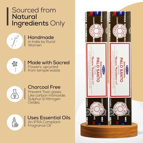 Satya Sandalwood Incense Sticks 180 gm (15GM X 12 Pack) from Satya Mumbai and Raajsee Incense Sticks Holder Bundle, Free from Chemicals,Natural Insenses in Saudi Arabia