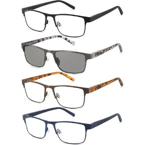 4 Pack Reading Glasses for Men Blue Light Blocking Metal Full Frame Readers with Spring Hinges Includes Sun Readers, Reduce Eyestrain/Glare Eyeglasses (+150 Magnification Strength)