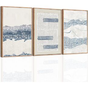 IARTTOP Large Mid Century Wall Art Framed Blue Abstract Wall Art Canvas Set Of 3 Blue Artwork Neutral Minimalist Boho Wall Decor Living Room Bedroom Office-24 x36