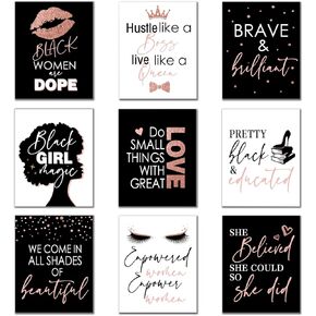 Inspirational Wall Décor Black Girl African Women Wall Art Posters Motivational Lip Lash Room Décor for Bathroom Salon Spa Makeup Room 8 x 10 Inch, Unframed - Black & Rose Gold