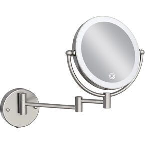 Rechargeable Wall Mounted Lighted Makeup Vanity Mirror with Magnification, 8 Inch Double-Sided 10X Magnifying Bathroom Mirror, Light up Mirror Foldable, Vibrant Brushed Nickel