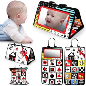 مرآة وقت البطن مع ألعاب ذات ملمس حسي، ألعاب مرآة للأطفال مع كتاب مجعد ناعم، ألعاب تحفيز بصري لتنمية دماغ الأطفال الرضع، ألعاب أطفال عالية التباين باللونين الأبيض والأسود لحديثي الولادة in Kuwait