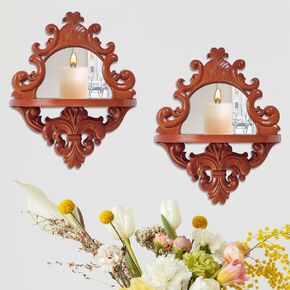 Three-Dimensional Relief Candle Sconces Set 2 Rustic Wall Mount Candle Holders Wood Hanging Wall Decor Mirrored Wall Art Hand Carved Home Decoration Black