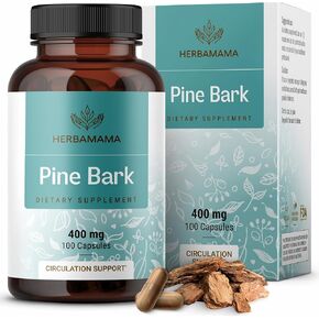 HERBAMAMA Pine Bark Extract Capsules - 400 mg French Maritime Pine Bark Extract Powder Capsules - 95% Proanthocyanidins Supplement - Vegan, Non-GMO - 100 Caps
