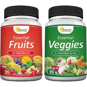مكمل غذائي للفواكه والخضروات من aSquared Nutrition - 90 كبسولة نباتية و90 كبسولة فواكه - حبوب فيتامينات نباتية نباتية فائقة الجودة - بديل غذائي طبيعي فائق للبودرة والعلكة