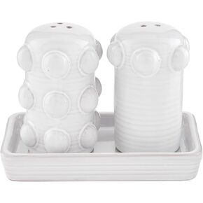 Mud Pie Beaded Salt And Pepper Set, White, shaker 3 1/4" x 1 3/4" | tray 2 1/2" x 4 3/4"