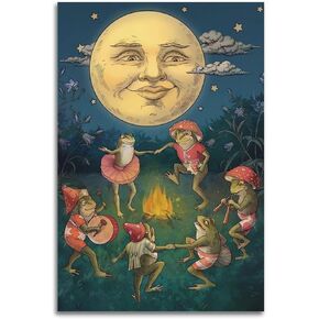 Frog Bonfire Party Under the Moon, Cartoon Moon Wall Decor for Happy Children's Room, Frog Decor Painting, Frog Wall Art, Living Room Posters Bedroom Painting 12x18inch(Frameless)
