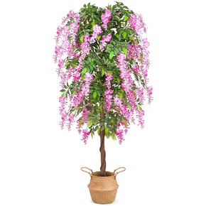 6ft Artificial Plants, Blooming Wisteria Tree with Woven Seagrass Basket for Indoor Home Decor Office Living Room Porch Patio Perfect Housewarming Gift