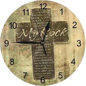 Christian Religious Bible Verse The Lord is My Rock Pattern Round Decorative Wall Clock Silent Non Ticking Battery Operated for Home Kitchen Living Room Classroom, White, One Size