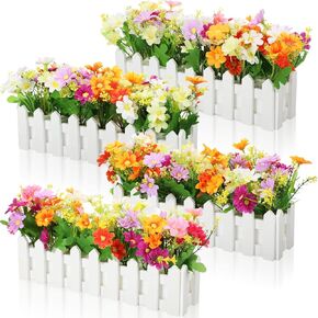 Pinkunn 4 Sets Artificial Flower Plants in Pots Artificial Flowers for Outdoors Mixed Color Fake Daisies in Picket Fence Faux Plants for Indoor Outdoor Home Window Office Decoration(Multicolor)