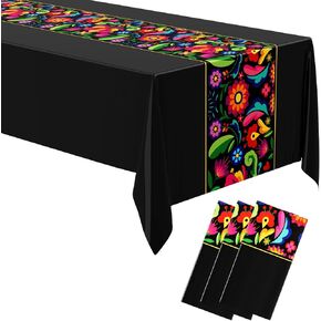 Oudain 6 Pcs Fiesta Tablecloth 108 x 54 Inch Plastic Tablecover Mexican Waterproof Tablecloth Disposable Table Cover for Taco Night Festive Mexican Fiesta Wedding Party Decoration (Black)