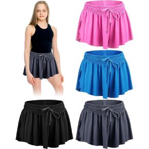 4 Pack Girls Flowy Shorts Teen Kids 2 in 1 Athletic Shorts with Pockets Women for Gym Yoga Workout Running Summer