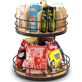 Snack Organizer - Versatile Snack Storage 2 Tier Lazy Susan with Convenient Grab-and-Go Design, Wood and Metal Snack Holder for Home, Office, Breakroom, 12.13" L x 12.13" W x 12.56" H