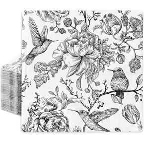 AnyDesign 80Pcs Flower Birds Paper Napkins White Black Floral Disposable Luncheon Napkins Vintage Decorative Dinner Napkin for Home Party Table Decor