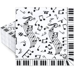Whaline 80 Pcs Music Notes Paper Napkins 6.5 x 6.5 Inch Musical Notation Disposable Luncheon Napkin Black White Piano Keys Prints Lunch Napkin for Music Celebration Dinner Tableware Party Supplies