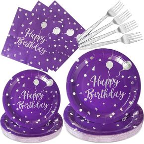 Purple Birthday Supplies,Silver Birthday Plates and Napkins,Serves 25 Guests Purple Paper Plates Napkins Sets for Girl Women Birthday Party Decoration(100 PCS)