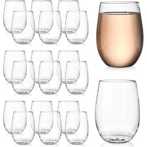 Tebery 20 Pack Unbreakable Plastic Wine Glasses Stemless, 16 Oz Heavy Duty Clear Drinking Glasses Wine Cups, Disposable & Reusable for Champagne, Dessert, Food Samples, Catering, Weddings