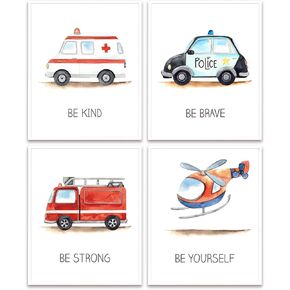 4 PCS Emergency Vehicle Wall Art Car Nursery Decor Boys Room Wall Decor, Unframed, Cute Fire Truck Ambulance Police Car Transportation Prints Painting Artwork for Bedroom Home Living Room, 8x10 inch