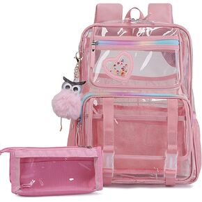 KEBEIXUAN Clear Backpack, Heavy Duty Clear Bookbag with Pencil Bag See Through Bag for Primary School College Work Travel Security (Transparent Backpack Black)