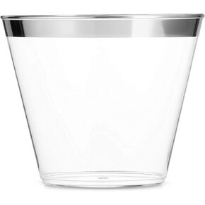 Munfix 100 Silver Plastic Cups 9 Oz Clear Plastic Cups Old Fashioned Tumblers Silver Rimmed Cups Fancy Disposable Wedding Cups Elegant Party Cups with Silver Rim