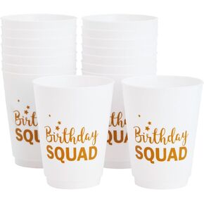 BLUE PANDA 16 Pack Reusable Happy Birthday Party Cups for Women, Birthday Squad Plastic Tumblers for Adults (White, 16 oz)