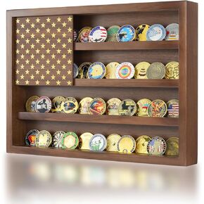 4 Rows Wooden American Flag Challenge Coin Holder Display Case - Wall Mount or Tabletop Stand for Military Coins and Collectibles, Mahogany