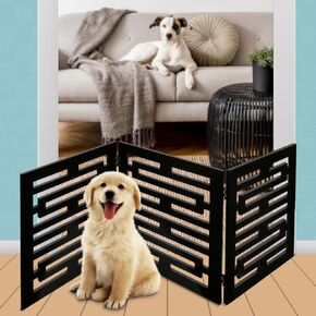 Bundaloo Freestanding Dog Gate Expandable Decorative Wooden Fence for Small to Medium Pet Dogs, Barrier for Stairs, Doorways, & Hallways