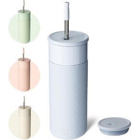 زجاجة بهلوان من الفولاذ المقاوم للصدأ مع غطاء وقش، كوب قهوة سعة 20 أونصة مع غطاء من السيليكون للمنزل والمكتب وحفلات الهدايا المدرسية (أزرق سماوي) in Kuwait