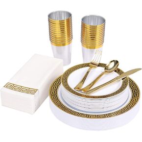 Vplus 175 Count White and Gold Marbling Plastic Plates Sets, Disposable Dinnerware Sets for Party, Include 25 Dinner Plates,25 Dessert Plates,25 Forks,25 Knives,25 Spoons,25 Cups, 25 Napkins
