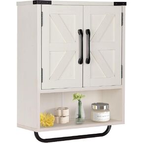RUSTOWN Farmhouse Wall Storage Cabinet with Two Barn Door, Rustic Mounted Medicine Cabinet with Adjustable Shelf and Towel Bar, 3-Tier Wood Cabinet for Kitchen, Bathroom, Living Room (Dark Walnut)