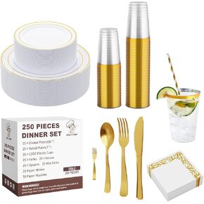 250 Count Rose Gold Disposable Plastic Dinnerware Set, 50 Rose Gold Plastic Plates, 25 Plastic Silverware, 25 Rose Gold Cups and Straws, 50 Napkins, Perfect for Wedding Party