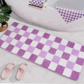 Purple Checkered Bath Mat Cute Bath Runner Rug Super Absorbent Lavender Bathroom Rugs Non Slip Machine Washable - Decorative Long Bath Mat for Bathroom Floor, Kitchen, Laundry