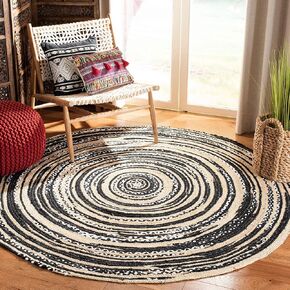 SAFAVIEH Cape Cod Collection 3' Round Black/Ivory CAP209Z Handmade Braided Jute & Cotton Area Rug