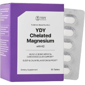 YDY Chelated Magnesium with K2 - Magnesium 200mg, Vitamin D3 25mcg, K2 100mcg - High Absorption, Supports Muscle, Bone, Nerve, Sleep - 60 Tablets