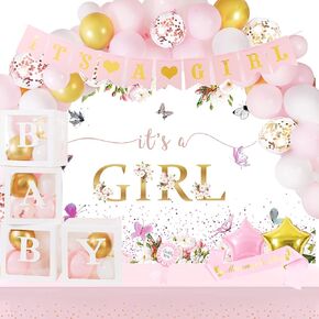Baby Shower Decorations for Boy, Blue Baby Party Decor Kit with Balloons Boxes, Blue Balloon Garland Backdrop Banner and Tablecloth and Baby Shower Sash, Baby Boy Shower Decorations