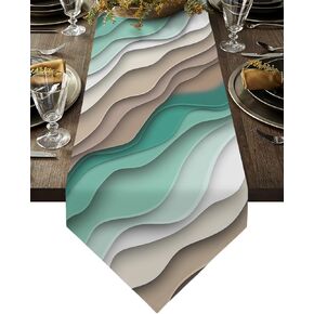 Teal Gradient Stripes Table Runners,Cotton Linen Dresser Scarf, Kitchen Dining Tables Runner Scarf for Family Dinner Holiday Party Events 13x48In