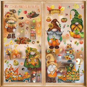 HOWAF Fall Gnomes Vintage Thanksgiving Pumpkin Decorations Happy Fall Window Clings,9 Sheet Autumn Double-Sided Window Decals for Fall Thanksgiving Harvest Home School Office Accessories Party Supplie