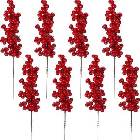 8pcs Artificial Red Berry Stems Christmas Berry Stems Waterproof Berry Branches for Christmas Tree Ornaments Crafts Holiday and Home Decoration (Red)