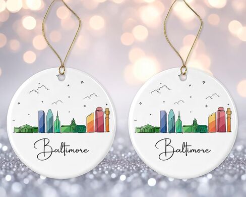 Baltimore City Ornament, Baltimore City Christmas Ornament, Landmarks Xmas Ornament, Colorful City Skyline Graphic, New City Gifts for Christmas Printed on Both Sides in Saudi Arabia