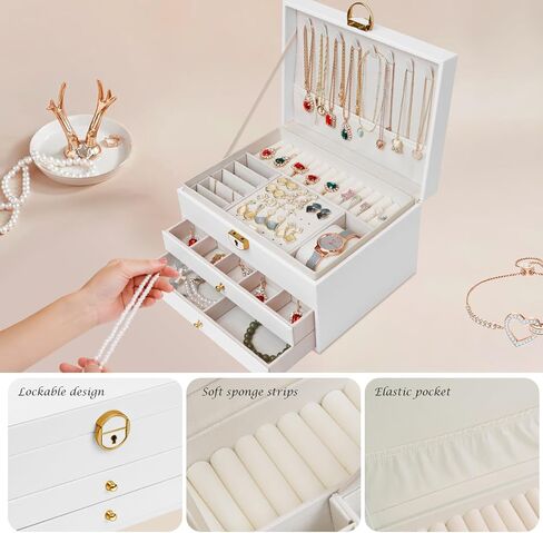 منظم صندوق المجوهرات من ManGotree للنساء/الفتيات، حقيبة تخزين كبيرة للمجوهرات من جلد البولي يوريثان، فكرة هدية، حامل مجوهرات قابل للقفل للخواتم والأقراط والساعات والقلائد والأساور (أبيض) in Kuwait