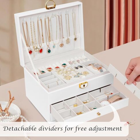 منظم صندوق المجوهرات من ManGotree للنساء/الفتيات، حقيبة تخزين كبيرة للمجوهرات من جلد البولي يوريثان، فكرة هدية، حامل مجوهرات قابل للقفل للخواتم والأقراط والساعات والقلائد والأساور (أبيض) in Kuwait