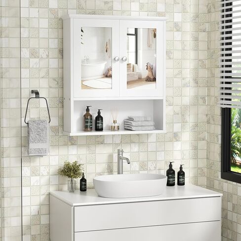 Shintenchi Bathroom Cabinet with Mirror, Wood Medicine Cabinet with Adjustable Shelf, Wall Mount Cabinet Storage, Cupboard, White in Saudi Arabia