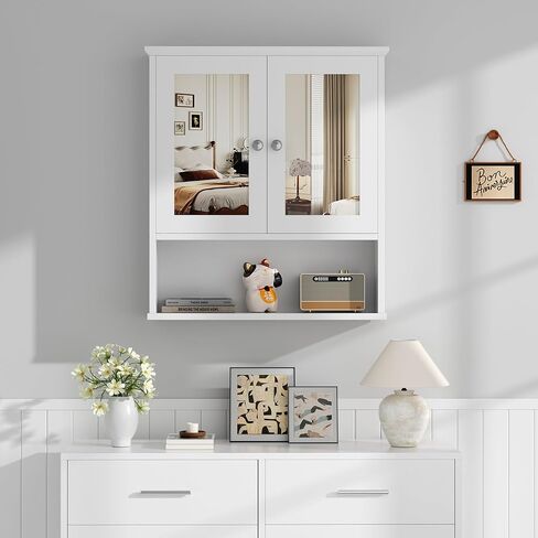 Shintenchi Bathroom Cabinet with Mirror, Wood Medicine Cabinet with Adjustable Shelf, Wall Mount Cabinet Storage, Cupboard, White in Saudi Arabia