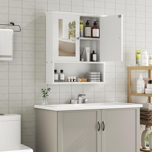 Shintenchi Bathroom Cabinet with Mirror, Wood Medicine Cabinet with Adjustable Shelf, Wall Mount Cabinet Storage, Cupboard, White in Saudi Arabia