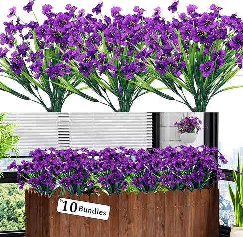 10PCS Artificial Flowers Outdoor,Fake Flowers,Faux Flowers,Faux Artificial Plants Shrubs Bulk,Artificial Plants for Home Garden Wedding Farmhouse Porch Window Decoration (Purple) in Saudi Arabia