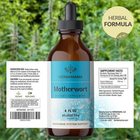HERBAMAMA Motherwort Tincture - Calming Drops for Women's Wellness - Motherwort Herb Extract Vegan Women's Supplements - Alcohol & Sugar-Free, 56-Day Supply in Kuwait
