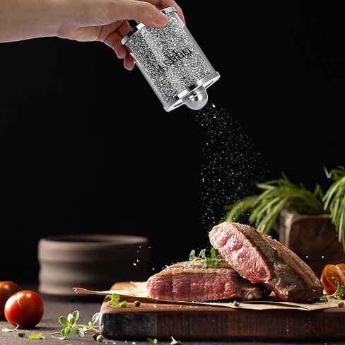 مجموعة من 3 قطع، هزازات ملح وفلفل مع صينية، وعلبة تخزين زجاجية مملوءة بالألماس المكسر اللامع، طراز فاخر لديكور المنزل والمطبخ in Kuwait